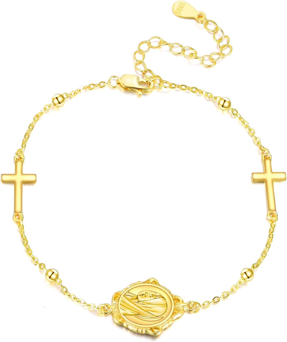 wholesale Gold 925 Sterling Silver Cross Virgin Mary Adjustable Bracelet -0-0