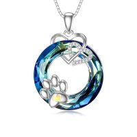 TOUPOP Sterling Silver Blue Crystal Cat Paw Heart Pendant Necklace-undefined