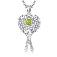 wholesale 925 Sterling Silver Platinum Plated Crossed Tennis Racket Green Ball Pendant Necklace-Tennis Necklace