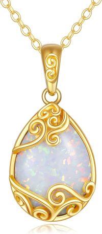 wholesale 14K Gold White Opal Teardrop Filigree Pendant Necklace (16-18)-01-14K yellow solid gold