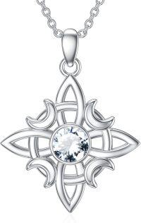 wholesale 925 Sterling Silver Witches Knot Birthstone Necklace Wicca Moon Celtic Pendant-04-Birthstone & April