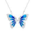 wholesale 925 Sterling Silver Blue Enamel Double Butterfly Pendant Necklace With Cubic Zirconia-0-0