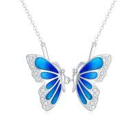 wholesale 925 Sterling Silver Blue Enamel Double Butterfly Pendant Necklace With Cubic Zirconia-6