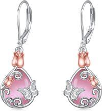 wholesale Sterling Silver Butterfly Dragonfly Bee Leverback Earrings with Moonstone Larimar Turquoise Abalone-13-Pink Opal Butterfly Earrings