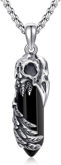 wholesale 925 Sterling Silver Gothic Raven Phoenix Amulet with Black Onyx Stone and Feather Design Pendant Necklace  for Men Women Gifts-Black Raven