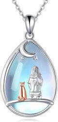 wholesale 925 Sterling Silver Teardrop Pendant with Moon and Stars Design Featuring Girl & Cat Motif on Blue Mother of Pearl Background-0-0