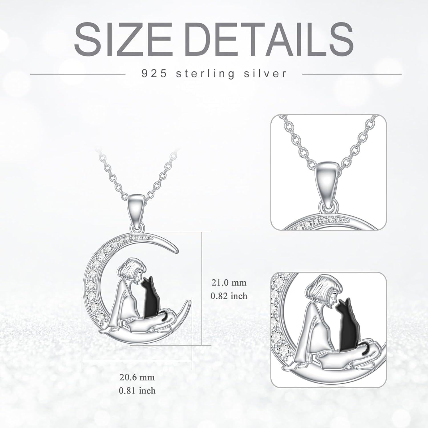 925 Sterling Silver Moon & Girl with Black Cat Pendant Necklace for Women-0-4