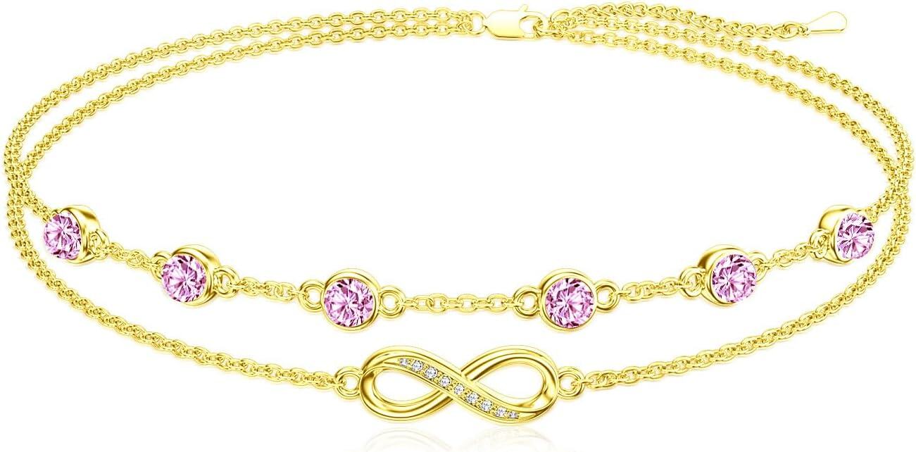Sterling Silver Birthstone Women s Anklet Bracelets Infinity Butterfly Evil Eye Turtle Pineapple Starfish Heart-Bracelet 7"-9"-Infinity 10-Rose-Yellow Gold