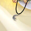 wholesale 925 Sterling Silver Moon & Star Pendant on Black Braided Leather Cord Choker Necklace for Women-0-3