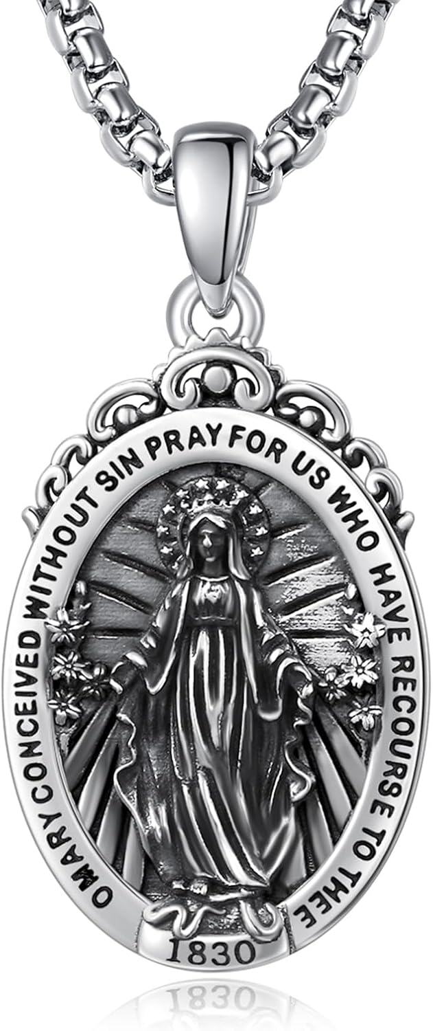Sterling Silver Catholic Pendant Necklaces w 2 0mm Chain Patron Saint Medals Pray for Us Christian Jewelry Gifts-St-Miracle Madonna-B