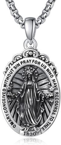 wholesale 925 Sterling Silver Virgin Mary Medal Necklace with 6 mm Box Chain - Religious Prayer  for Women and Men-St-Miracle Madonna-B