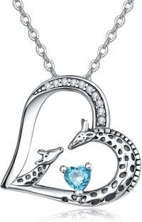 wholesale Sterling Silver Giraffe Birthstone Heart Pendant Necklace-12-Dec-Lab Created Blue Topaz