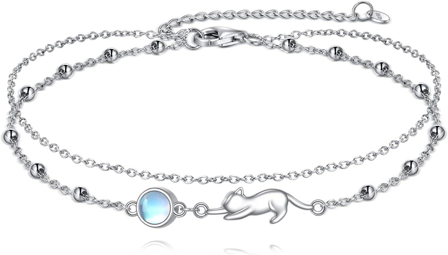 925 Sterling Silver Cat Charm Moonstone Beaded Chain Anklet Jewelry for Women Girls Gift 6-8 Adjustable Length-0-0