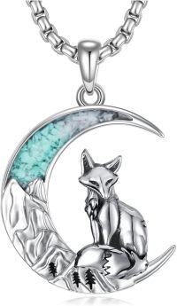 wholesale 925 Sterling Silver Fox on Turquoise Crescent Moon Pendant Necklace-Fox