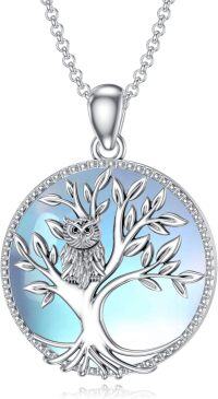 wholesale 925 Sterling Silver Blue Moonstone Tree of Life Raven Owl Pendant Necklace for Women-Tree of life owl necklace