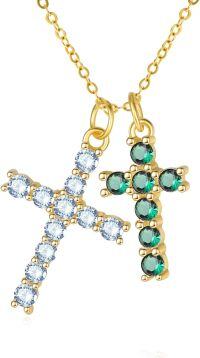 wholesale 14K Gold Sterling Silver Birthstone Double Cross Necklace for Women-03-05-Mar-May