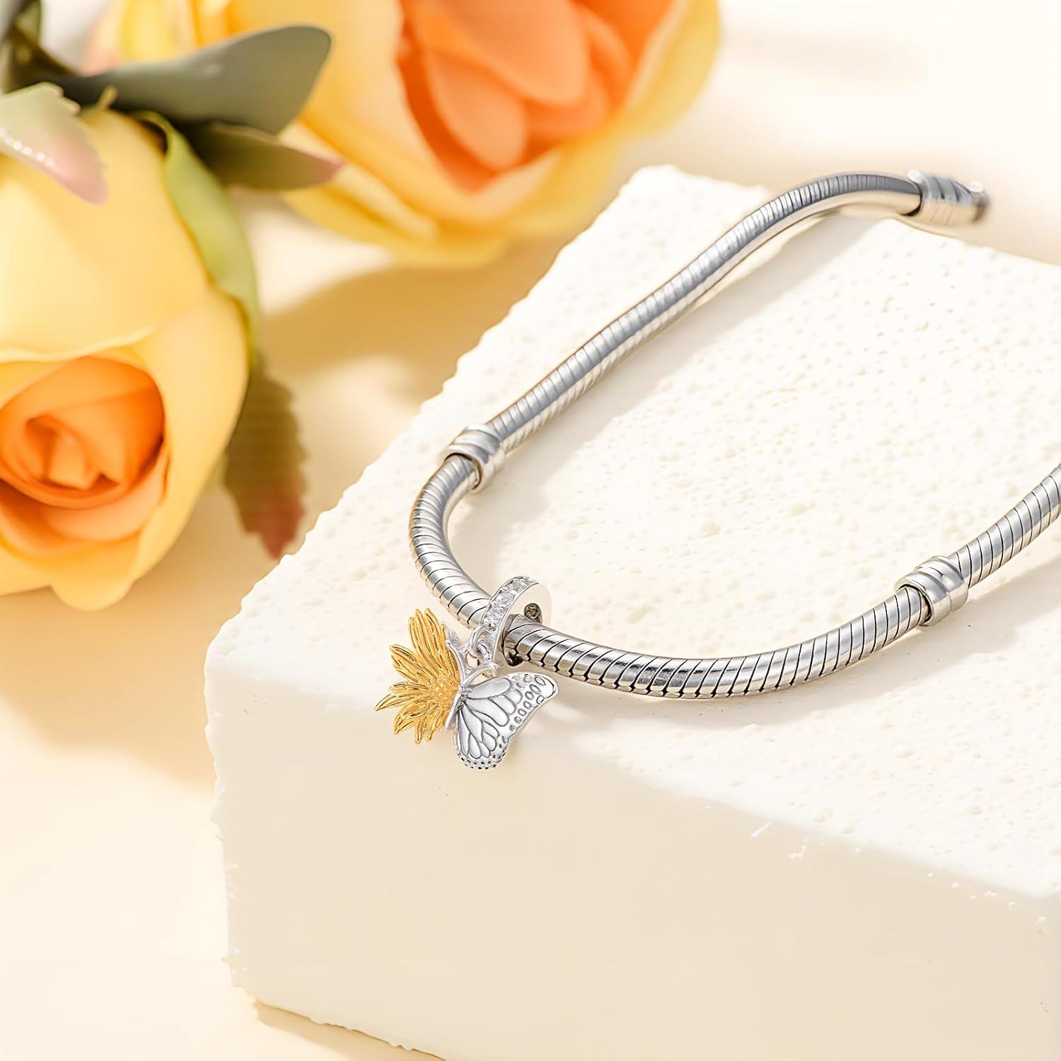 wholesale 925 Sterling Silver Sunflower & Butterfly Dangle Charm Pendant for Bracelet Necklace Jewelry Making Supplies Gifts Women Girls Kids Teens Adults-0-1