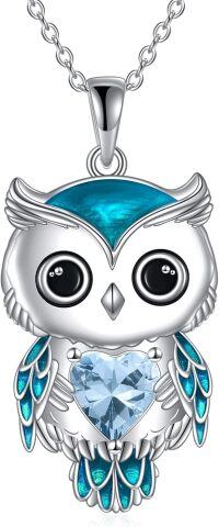 wholesale 925 Sterling Silver Birthstone Owl Pendant Necklace Jewelry Gift for Women-03-March