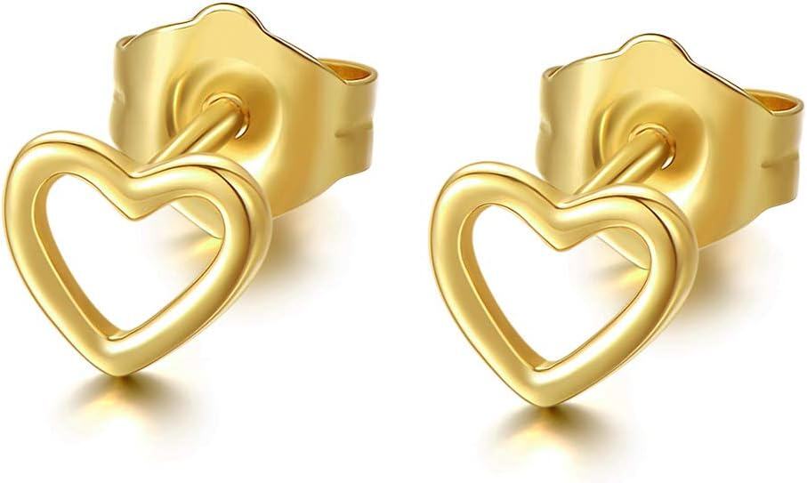 14K Gold 5mm Dainty Hollow Heart Stud Earrings for Women Screw Back-Yellow
