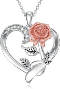 wholesale 925 Sterling Silver Rose Heart Pendant with Cubic Zirconia and Pink Enamel Accents-rose heart