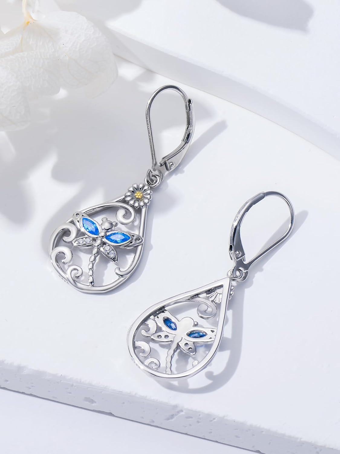 wholesale 925 Sterling Silver Blue Crystal Dragonfly Drop Earrings for Women Girls  4cm Long-0-2