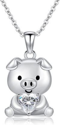 wholesale Sterling Silver 12 Month Birthstones Animals Necklace for Women Daughter (Axolotl Cow Pig Cat) Birthday Christmas Graduation Gift-03-01-Pig-03-01-Pig