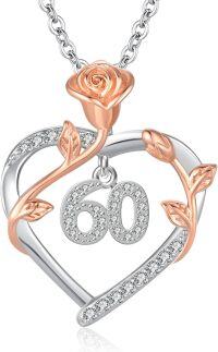 wholesale 925 Sterling Silver Heart-Shaped Rose Flower Pendant Necklace with Cubic Zirconia Birthdays Gift for Her (60)-60th