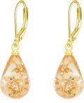 wholesale Gold 925 Sterling Silver Pressed Flower Teardrop Dangle Leverback Earrings with Gold Foil and Stones-0-0
