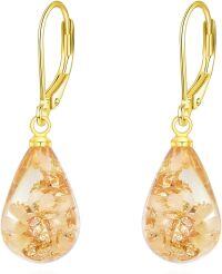 wholesale Gold 925 Sterling Silver Pressed Flower Teardrop Dangle Leverback Earrings with Gold Foil and Stones-Daisy
