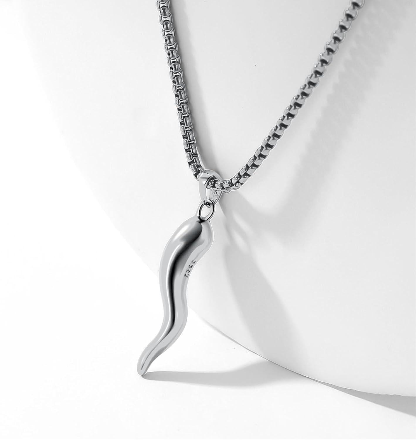 wholesale Stainless Steel & 925 Sterling Silver Italian Horn Pendant Luck Charm Necklaces for Men Women - 24 Chain Length-0-1