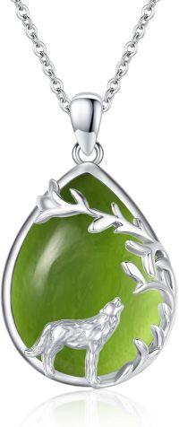 wholesale 925 Sterling Silver Green Jade Howling Wolf Pendant Necklace-Teardrop Wolf Peridot Green