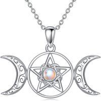 wholesale 925 Sterling Silver Moon & Star Pentagram Opalite Gemstone Necklace for Women Girls-Triple Moon