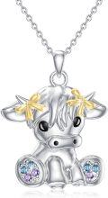 wholesale 925 Sterling Silver Highland Cow Necklace with Blue and Purple Stones for Women - Scottish Cow Pendant s-0-0
