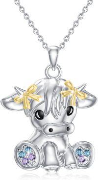 wholesale 925 Sterling Silver Highland Cow Necklace with Blue and Purple Stones for Women - Scottish Cow Pendant s-Silver
