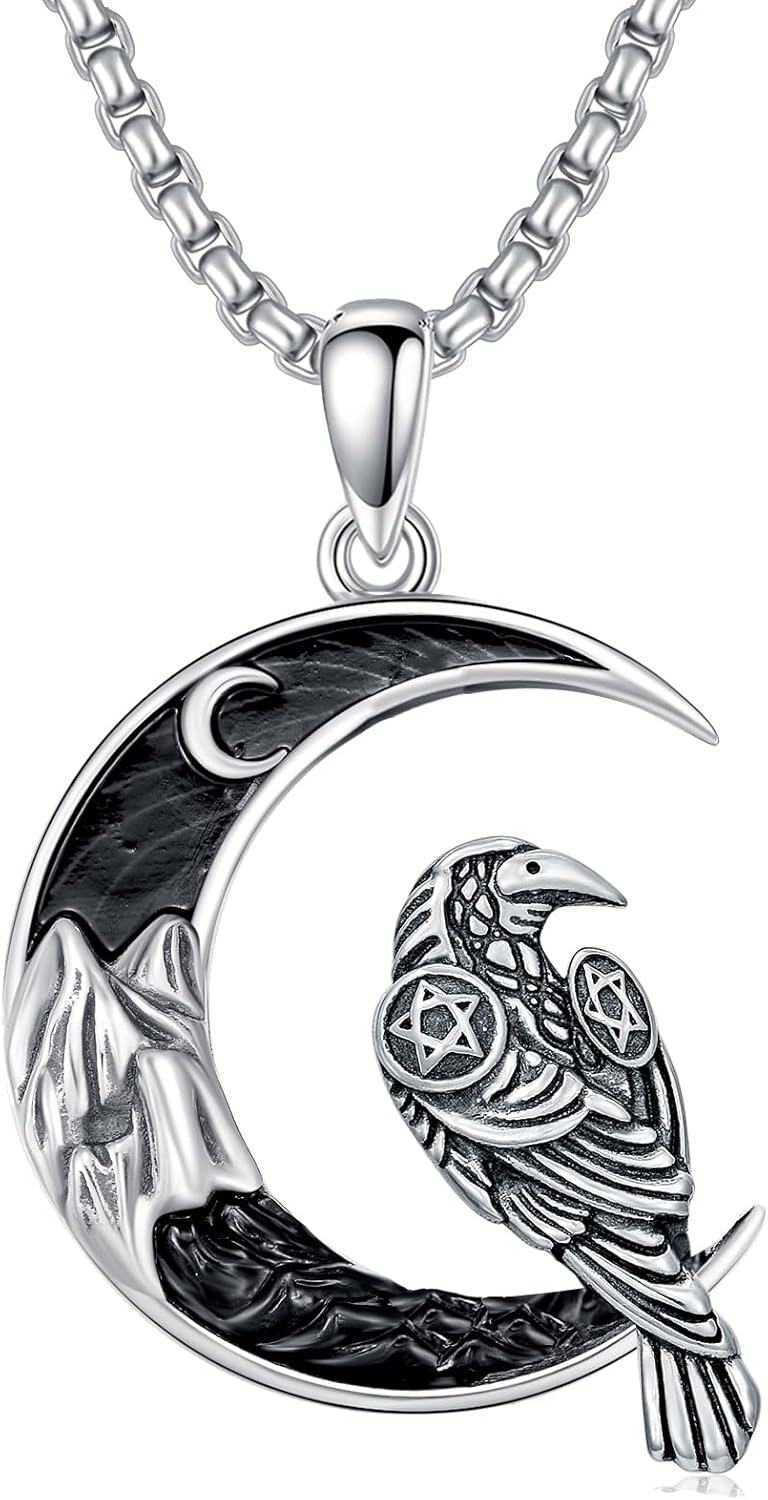  Sterling Silver Black Moon Mountain Pendant Goth Jewelry for Men Women -Raven