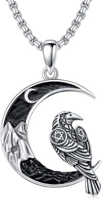 wholesale 925 Sterling Silver Raven on Crescent Moon Gothic Necklace for Men & Women-Raven