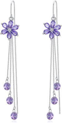 wholesale 925 Sterling Silver Cubic Zirconia Drop Earrings w/ Purple Flowers & Butterflies-Flower A