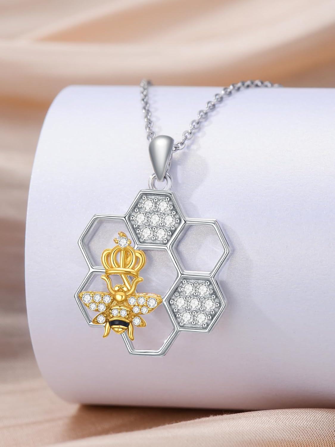Sterling Silver Honeycomb Crown Bee Ladybug Pendant Necklace for Her-0-5