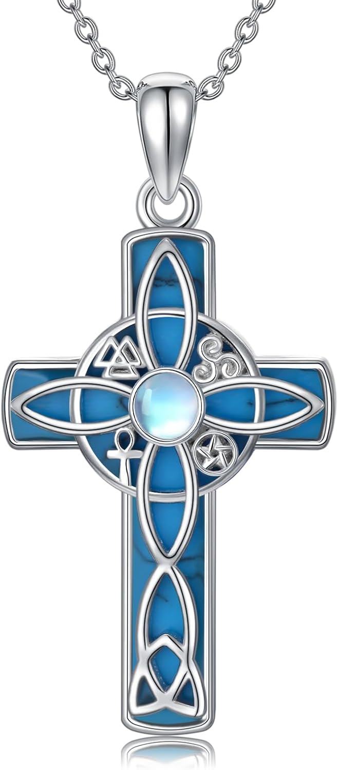 wholesale 925 Sterling Silver Cross with Blue Enamel and Moonstone Pendant Necklace - Witch s for Women-0-0