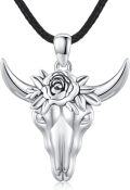 wholesale 925 Sterling Silver Bull Skull Rose Flower Pendant Leather Cord Chain Necklace s for Men Women-0-0