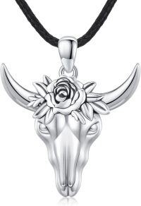 wholesale 925 Sterling Silver Bull Skull Rose Flower Pendant Leather Cord Chain Necklace s for Men Women-Necklace