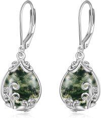 wholesale 925 Sterling Silver Green Moss Agate Filigree Teardrop Dangle Leverback Earrings-Moss Agate