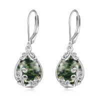 wholesale 925 Sterling Silver Green Moss Agate Filigree Teardrop Dangle Leverback Earrings-Moss Agate