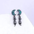 wholesale 925 Sterling Silver Black Cat & Turquoise Stone Crescent Moon Drop Earrings - Halloween  for Her-0-1
