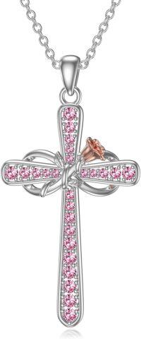 wholesale 925 Sterling Silver Birthstone Rose Flower Infinity Cross Necklace for Women-10-Oct-Tourmaline
