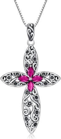 wholesale Sterling Silver 12 Birthstone Faith Cross Pendant Necklace for Women-Ruby