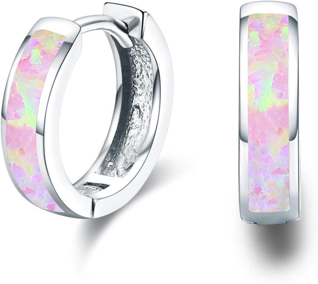 Sterling Silver Simulated Opal Hoop Earrings for Women Hypoallergenic Huggie Hinged Hoops Colorful Jewelry Gift-14mm Silver Pink-14