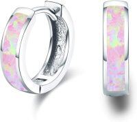 wholesale Sterling Silver Simulated Opal Hoop Earrings for Women Hypoallergenic Huggie Hinged Hoops Colorful Jewelry Gift-14mm Silver Pink-14