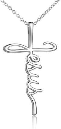 wholesale 925 Sterling Silver Jesus Script Cross Pendant Necklace for Women - Christian Gifts-Jesus