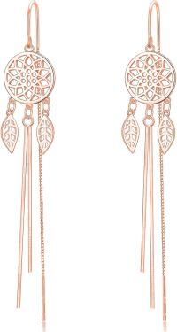 wholesale 925 Sterling Silver Threader Earrings with Dreamcatcher Leaf and Chain Drops for Women-Dream Catcher-ROSE GOLD